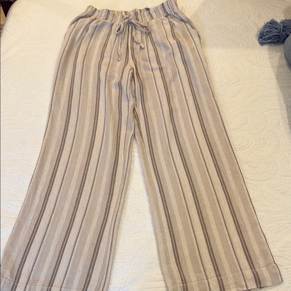 Cream and Brown Wide Leg Pants with Stripes